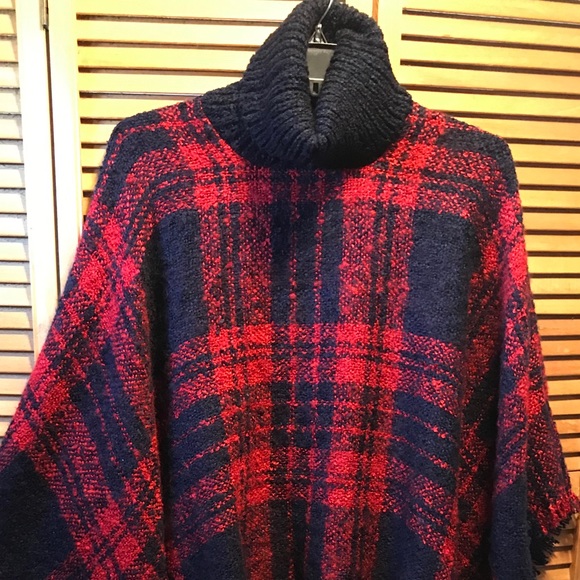 Navy Blue and Red Plaid Turtleneck Poncho - Picture 3 of 12